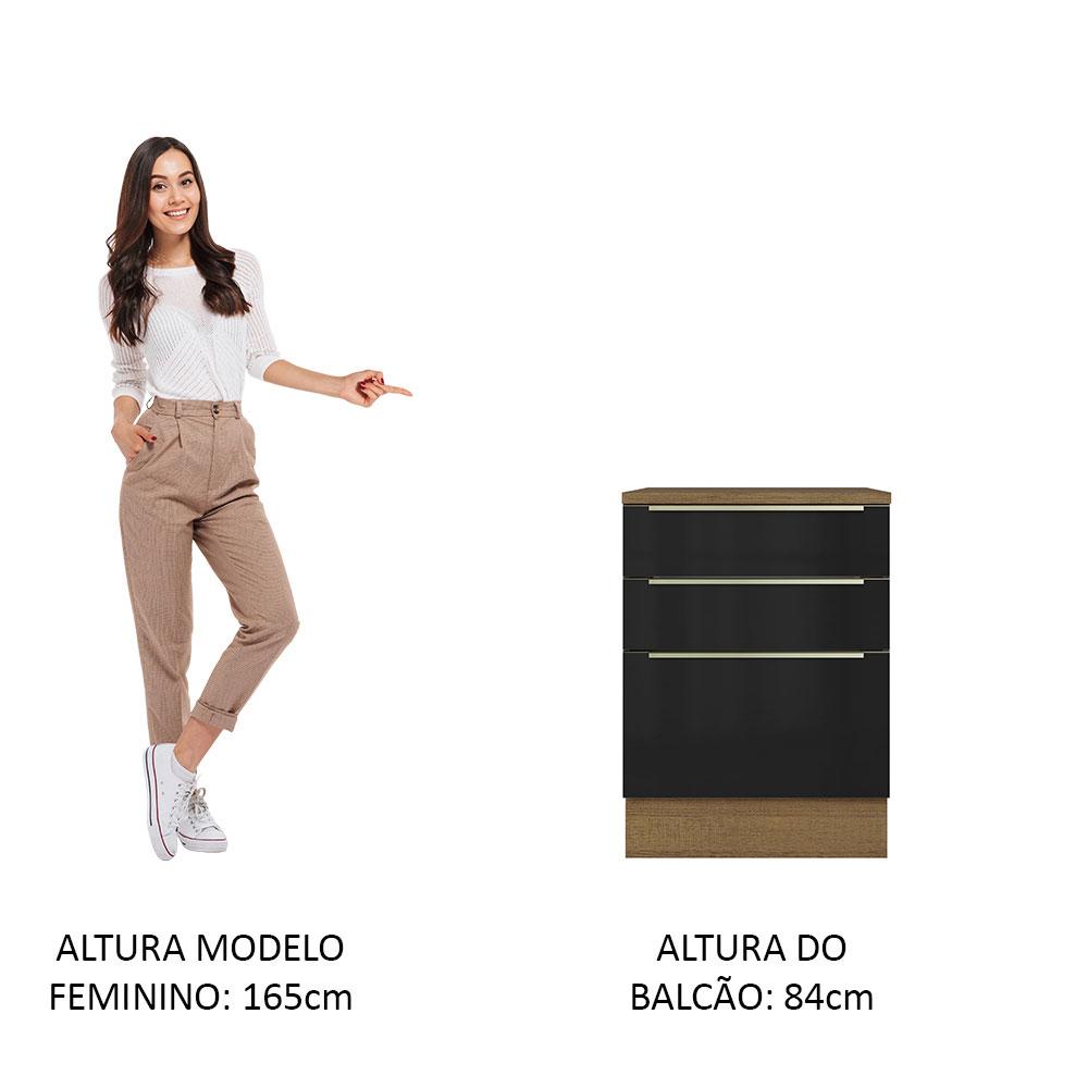 Balcão 60 cm 3 Gavetas Rustic/Preto Lux Madesa
