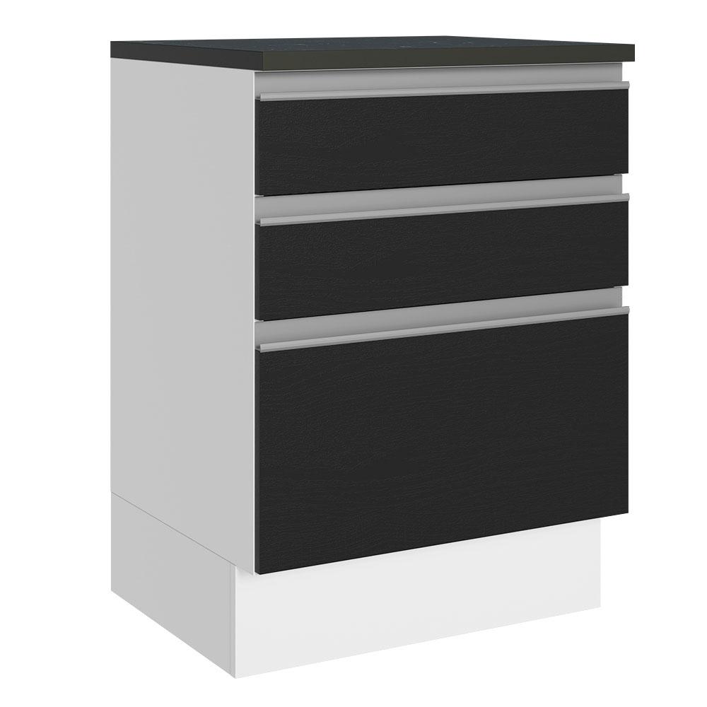 Balcão Armário de Cozinha 100% MDF 60 cm 3 Gavetas Branco/Preto Acordes Madesa
