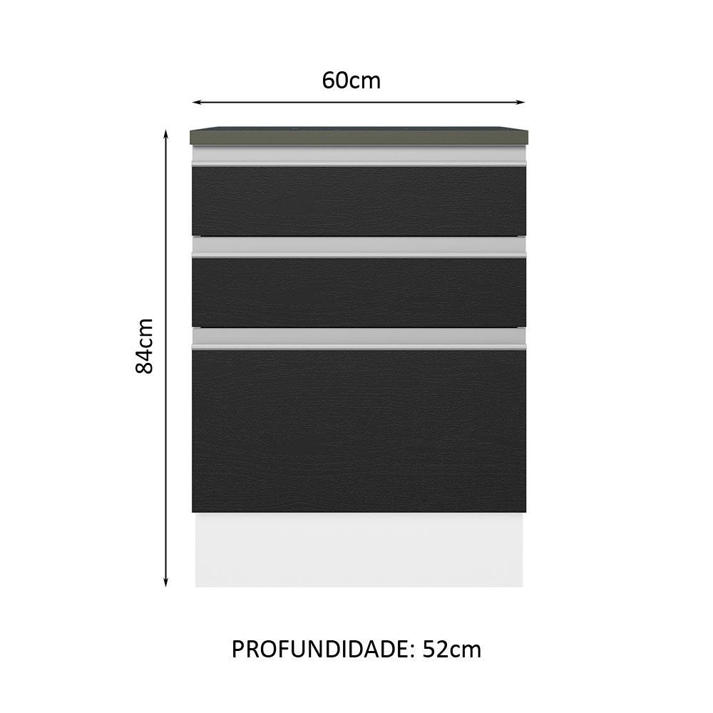 Balcão Armário de Cozinha 100% MDF 60 cm 3 Gavetas Branco/Preto Acordes Madesa
