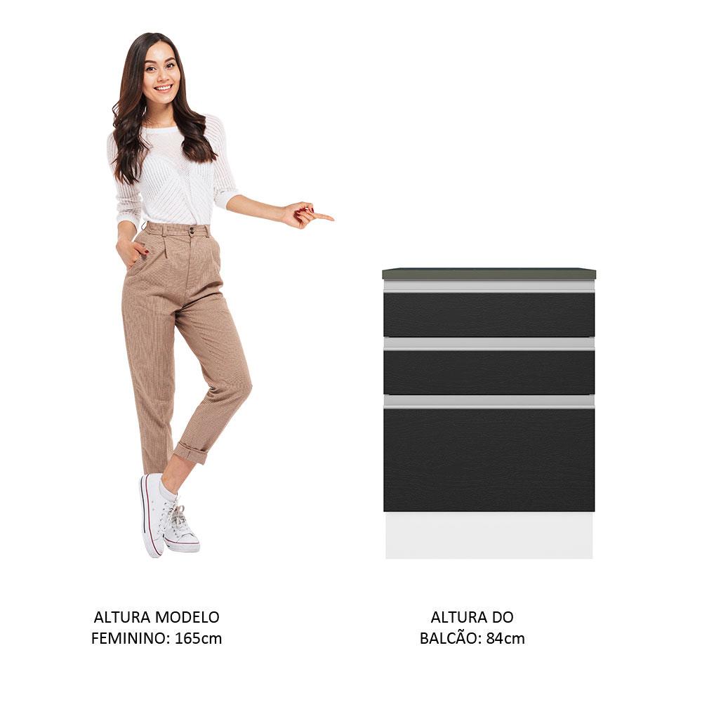 Balcão Armário de Cozinha 100% MDF 60 cm 3 Gavetas Branco/Preto Acordes Madesa