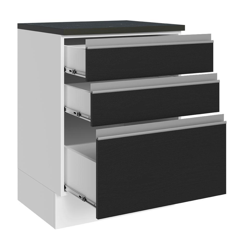 Balcão Armário de Cozinha 100% MDF 60 cm 3 Gavetas Branco/Preto Acordes Madesa
