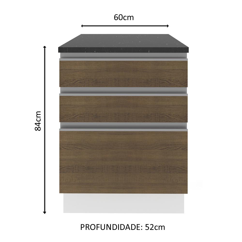 Balcão Armário de Cozinha 100% MDF 60 cm 3 Gavetas Branco/Rustic Acordes Madesa