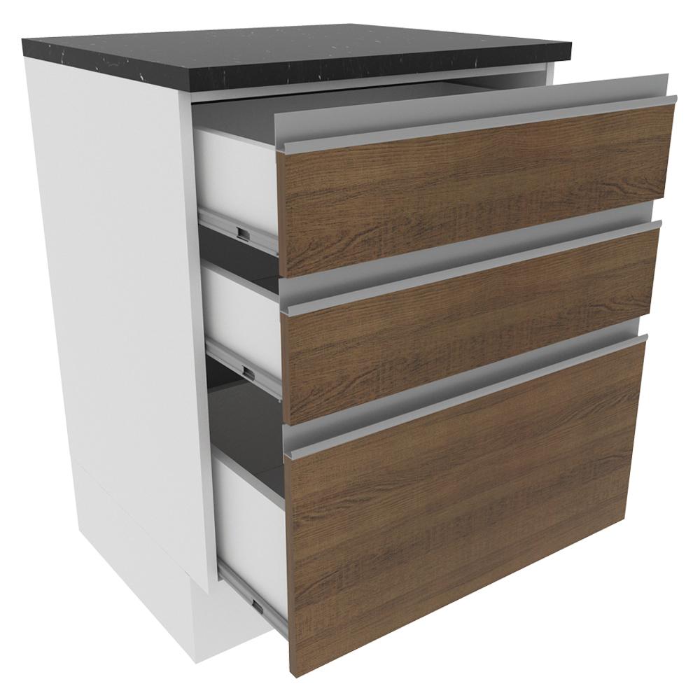 Balcão Armário de Cozinha 100% MDF 60 cm 3 Gavetas Branco/Rustic Acordes Madesa