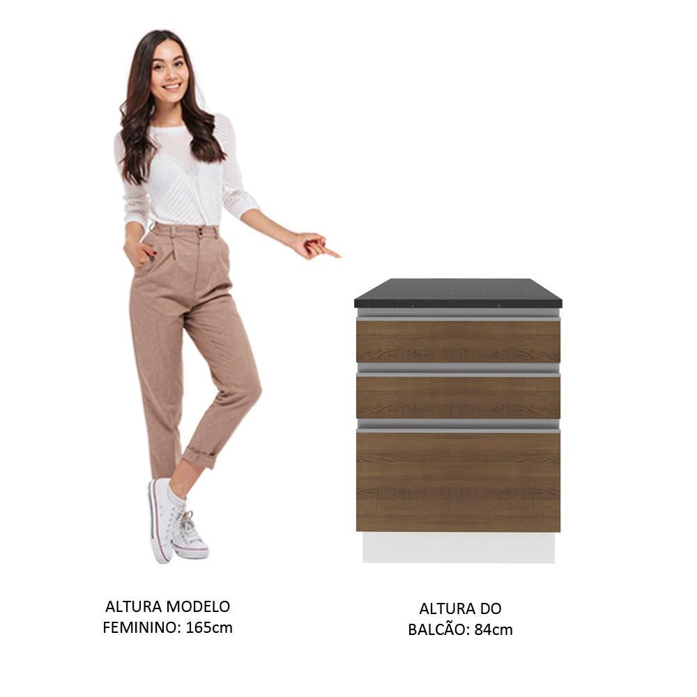 Balcão Armário de Cozinha 100% MDF 60 cm 3 Gavetas Branco/Rustic Acordes Madesa