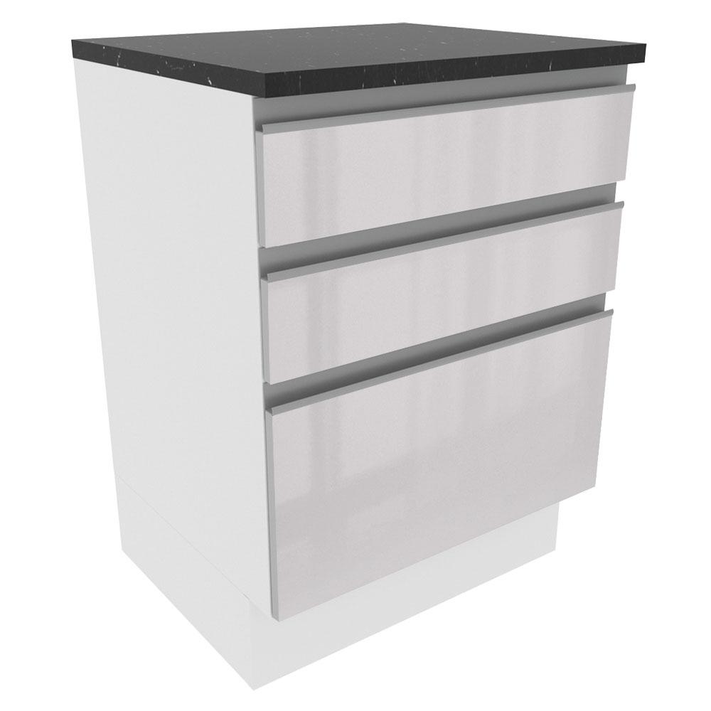 Balcão Armário de Cozinha 100% MDF 60 cm 3 Gavetas Frentes Branco Brilho Acordes Madesa