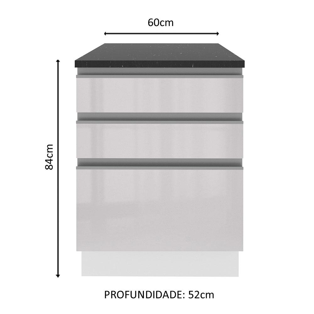 Balcão Armário de Cozinha 100% MDF 60 cm 3 Gavetas Frentes Branco Brilho Acordes Madesa