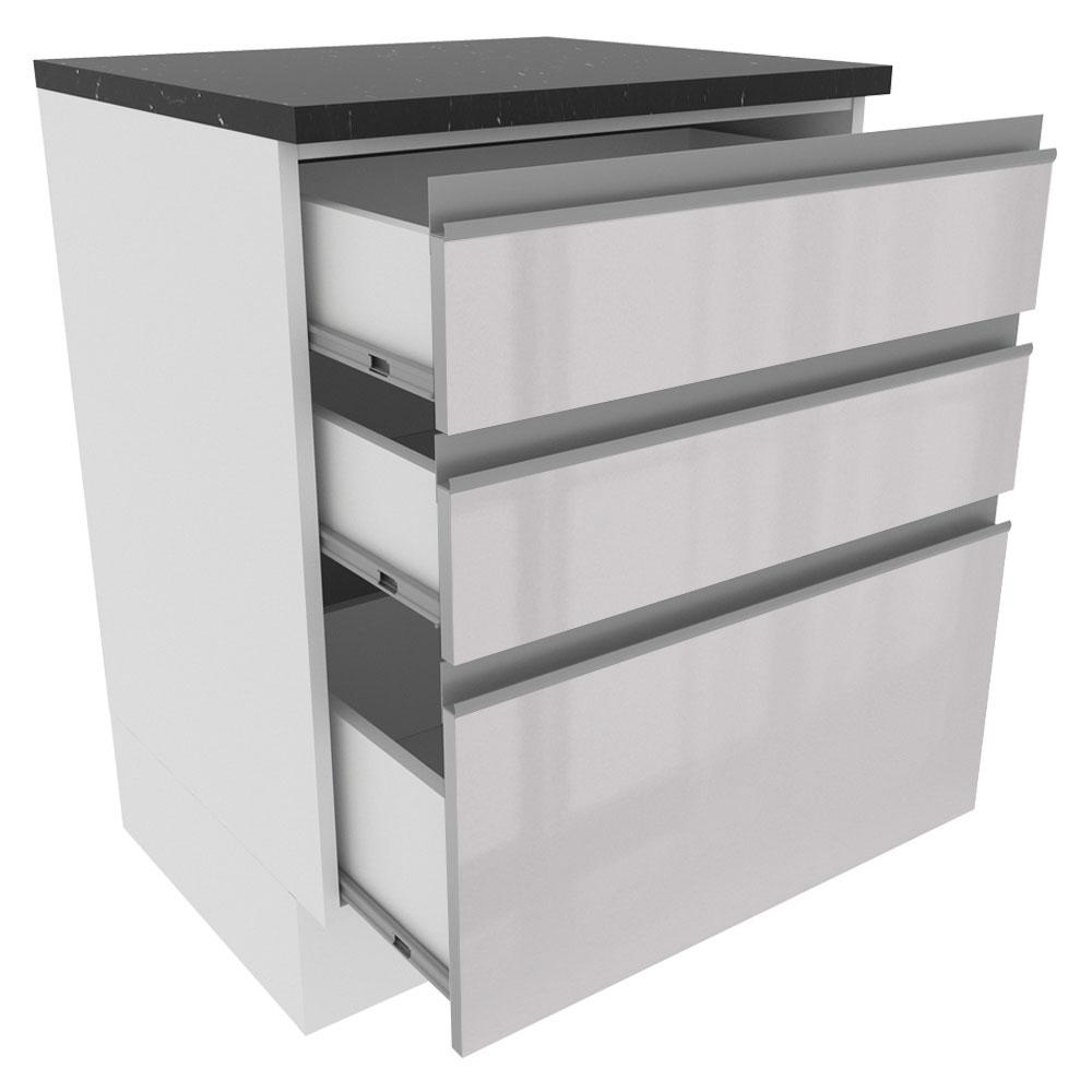Balcão Armário de Cozinha 100% MDF 60 cm 3 Gavetas Frentes Branco Brilho Acordes Madesa