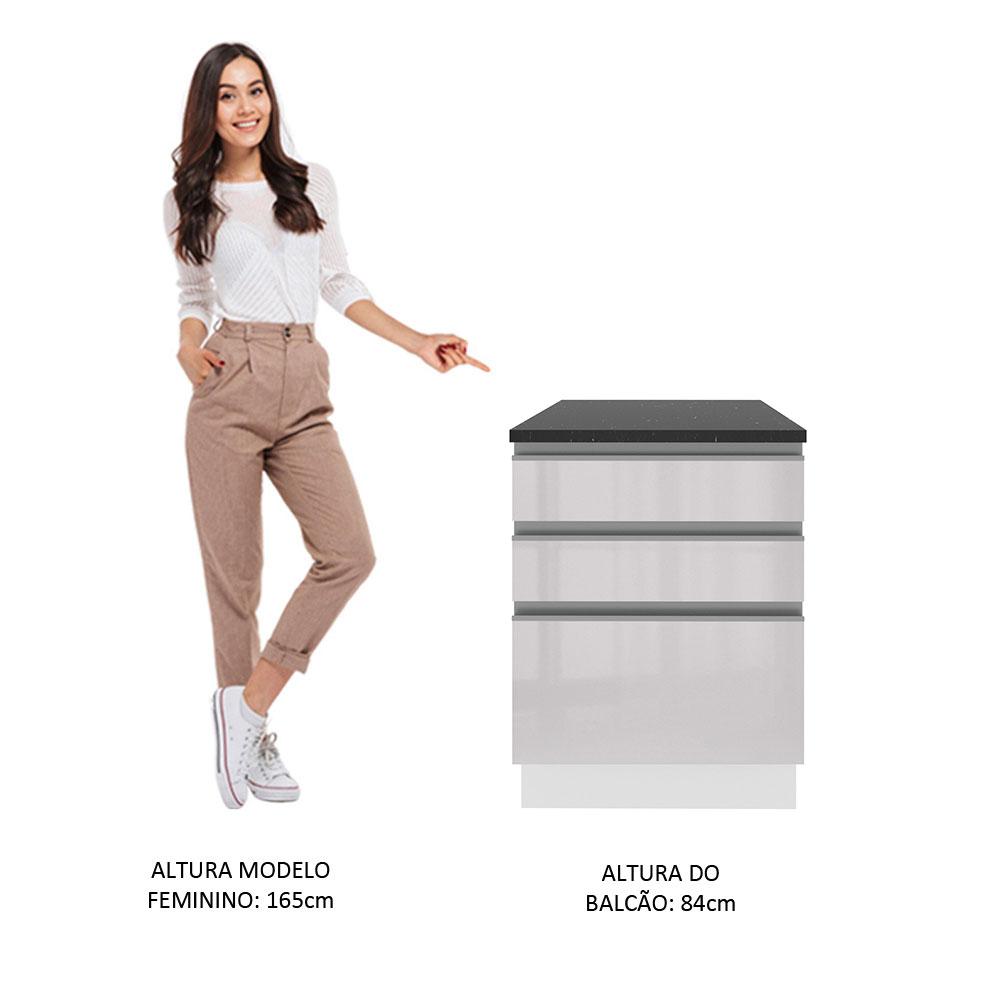 Balcão Armário de Cozinha 100% MDF 60 cm 3 Gavetas Frentes Branco Brilho Acordes Madesa