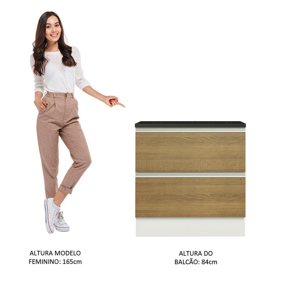 Balcão Armário de Cozinha 100% MDF 80 cm 2 Gavetas Branco/Rustic Acordes Madesa