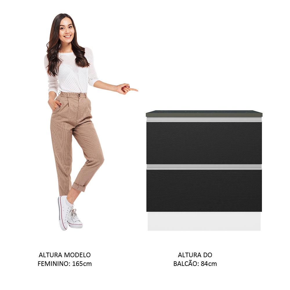 Balcão Armário de Cozinha 100% MDF 80cm 2 Gavetas Branco/Preto Acordes Madesa