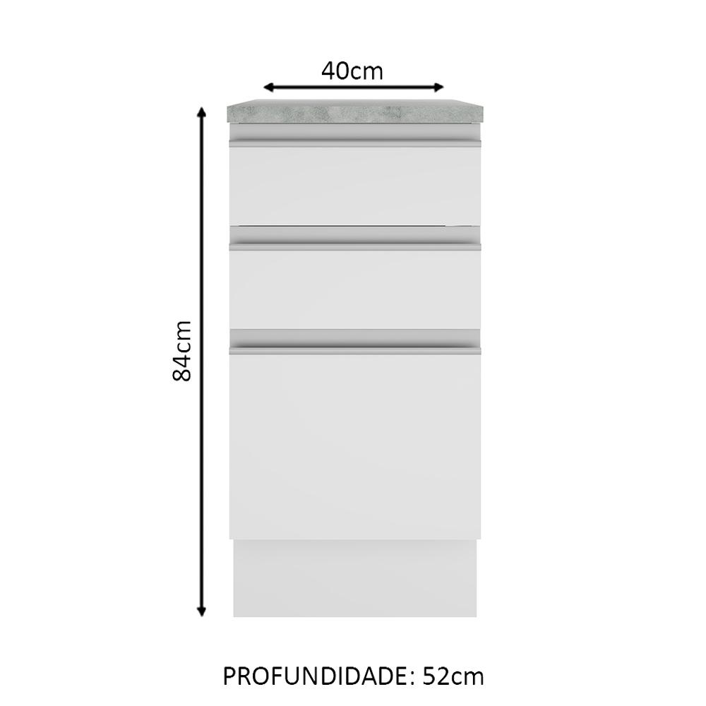 Balcão Armário de Cozinha 40 cm 3 Gavetas Branco Glamy Madesa