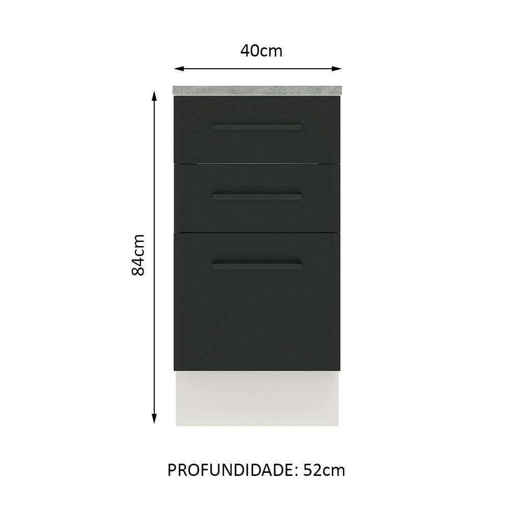 Balcão Armário de Cozinha 40 cm 3 Gavetas Branco/Preto Agata Madesa