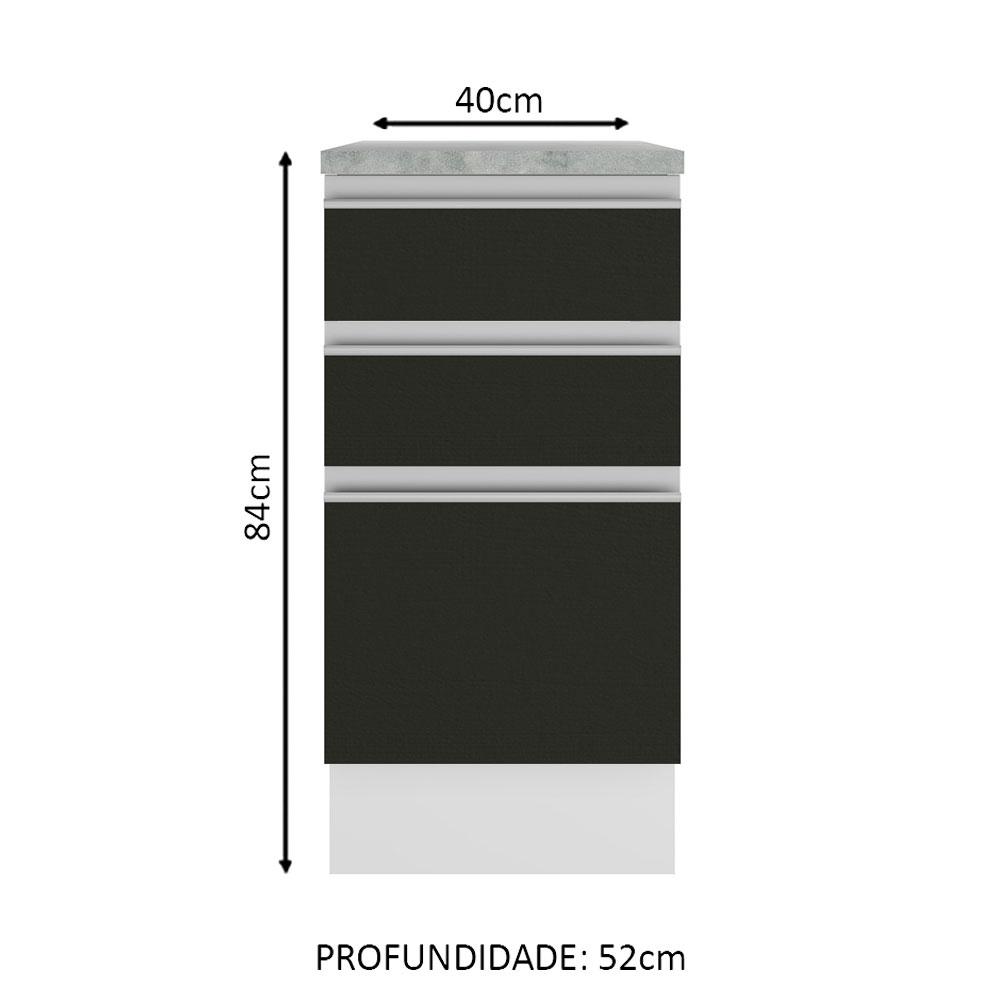 Balcão Armário de Cozinha 40 cm 3 Gavetas Branco/Preto Glamy Madesa