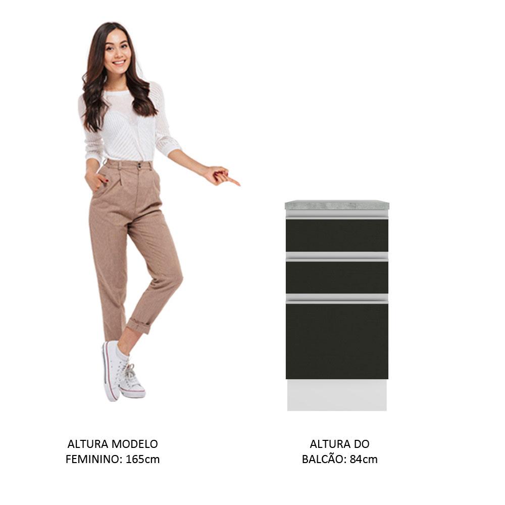 Balcão Armário de Cozinha 40 cm 3 Gavetas Branco/Preto Glamy Madesa