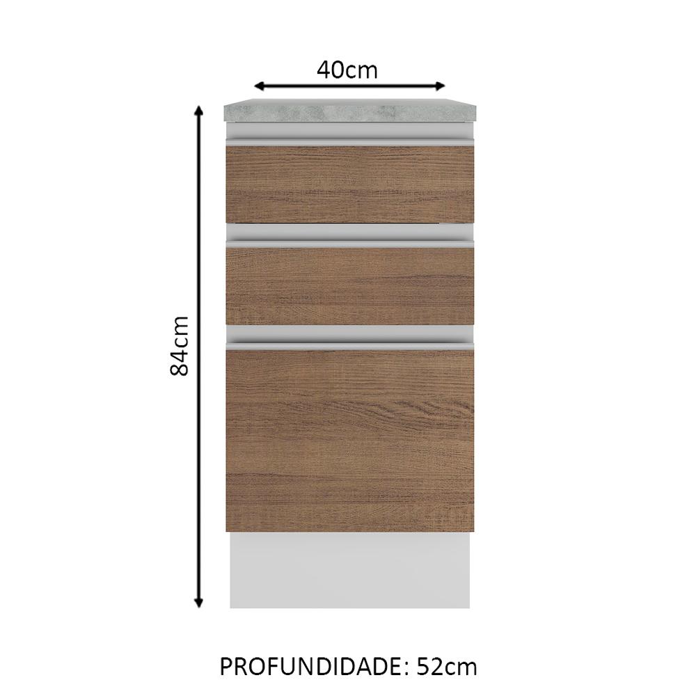 Balcão Armário de Cozinha 40 cm 3 Gavetas Branco/Rustic Glamy Madesa