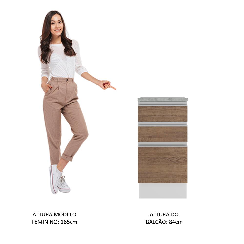 Balcão Armário de Cozinha 40 cm 3 Gavetas Branco/Rustic Glamy Madesa