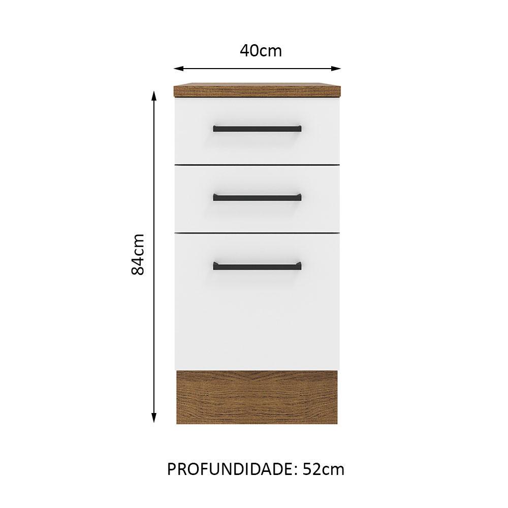 Balcão Armário de Cozinha 40 cm 3 Gavetas Rustic/Branco Agata Madesa