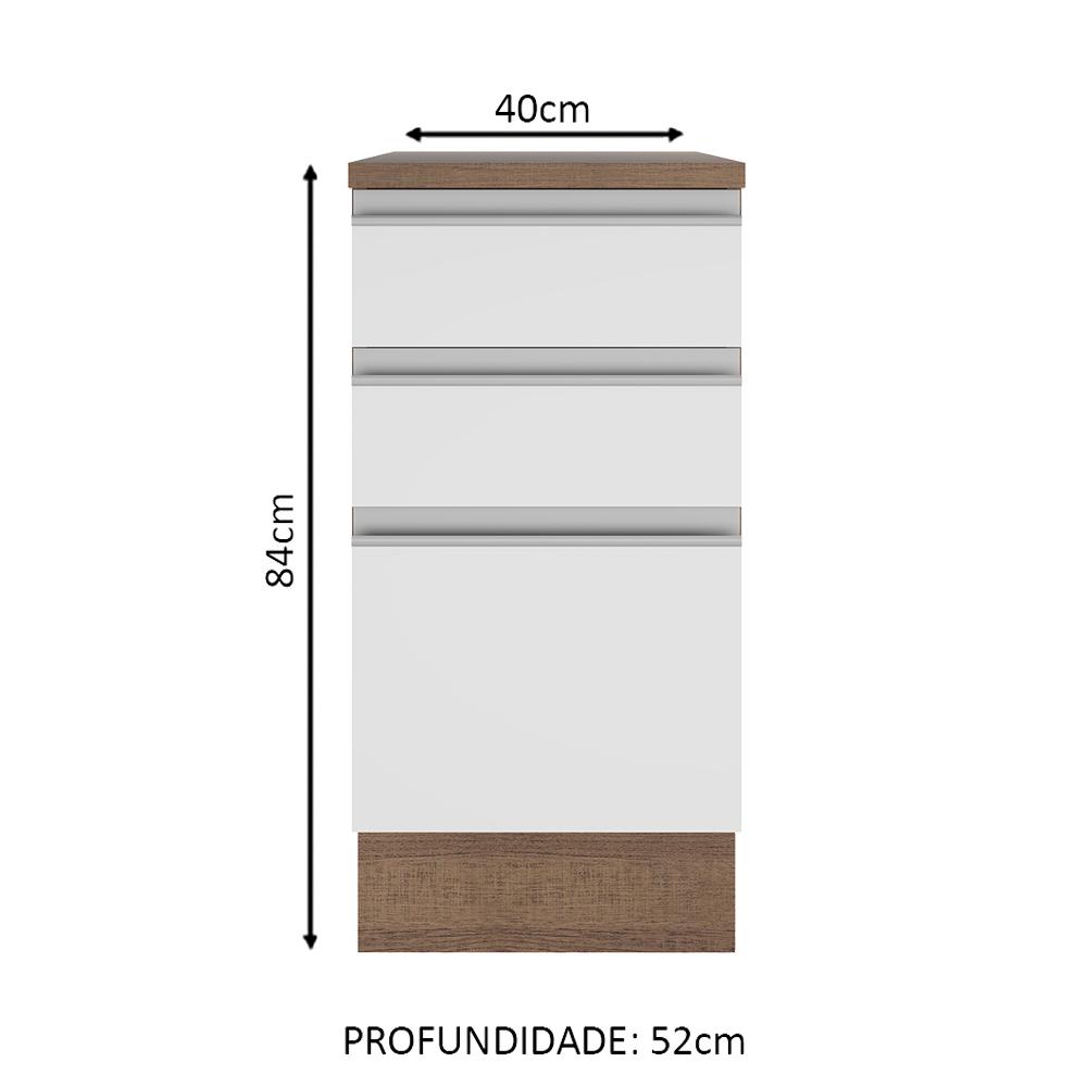 Balcão Armário de Cozinha 40 cm 3 Gavetas Rustic/Branco Glamy Madesa