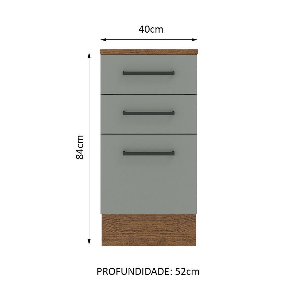 Balcão Armário de Cozinha 40 cm 3 Gavetas Rustic/Cinza Agata Madesa