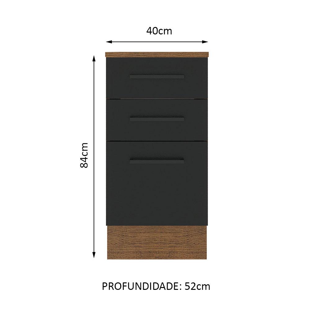 Balcão Armário de Cozinha 40 cm 3 Gavetas Rustic/Preto Agata Madesa