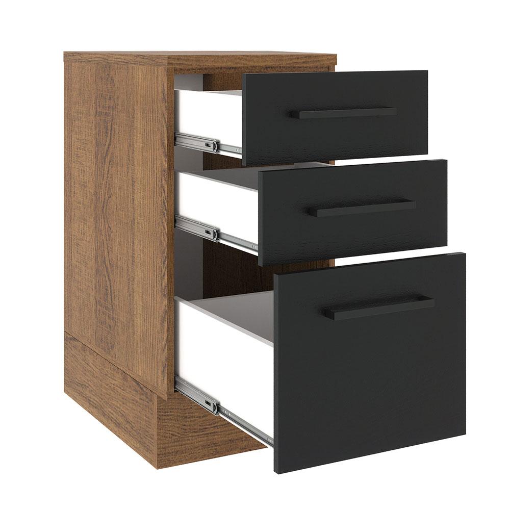 Balcão Armário de Cozinha 40 cm 3 Gavetas Rustic/Preto Agata Madesa