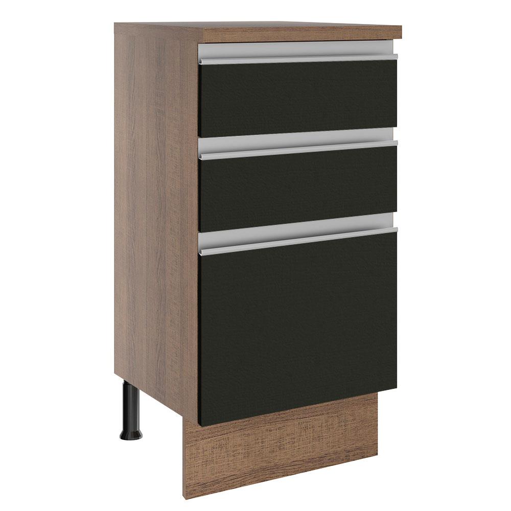 Balcão Armário de Cozinha 40 cm 3 Gavetas Rustic/Preto Glamy Madesa
