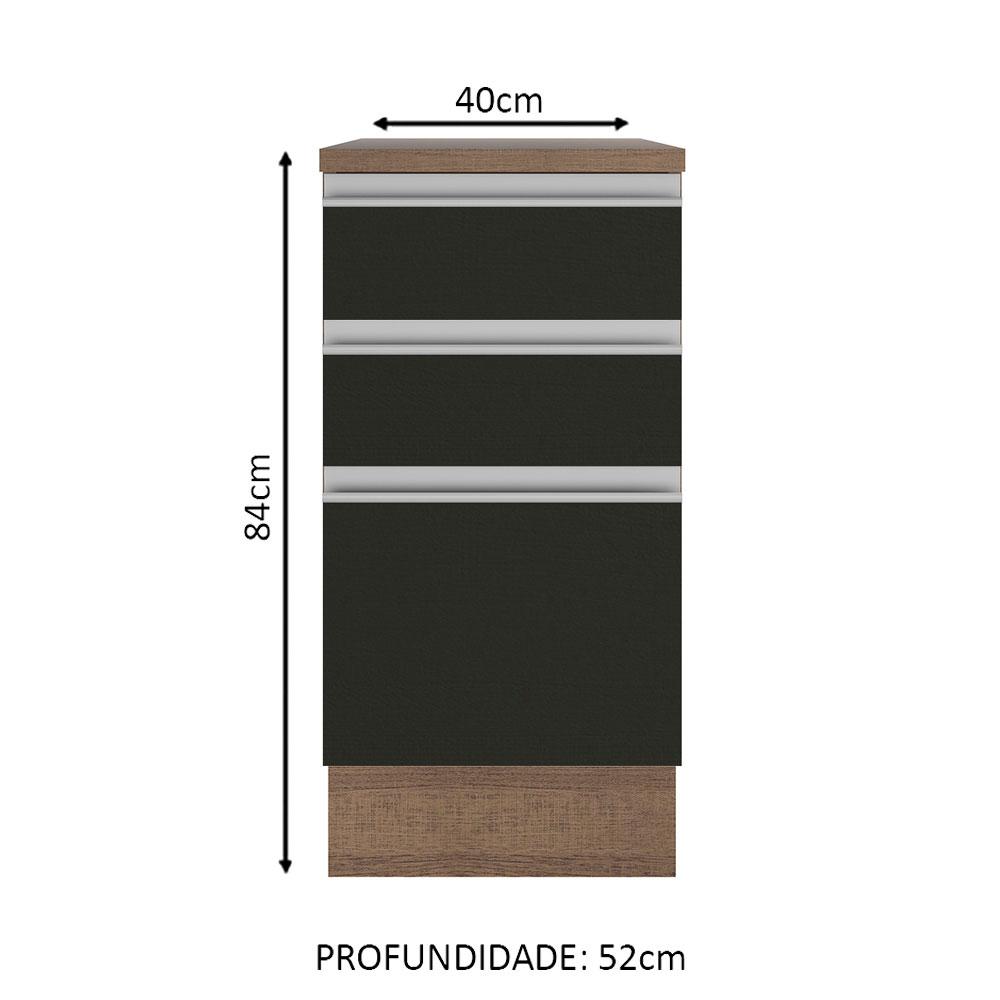 Balcão Armário de Cozinha 40 cm 3 Gavetas Rustic/Preto Glamy Madesa