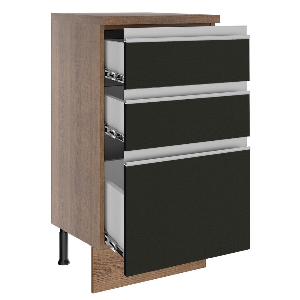 Balcão Armário de Cozinha 40 cm 3 Gavetas Rustic/Preto Glamy Madesa