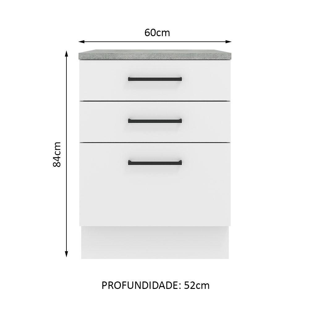 Balcão Armário de Cozinha 60 cm 3 Gavetas Branco Agata Madesa