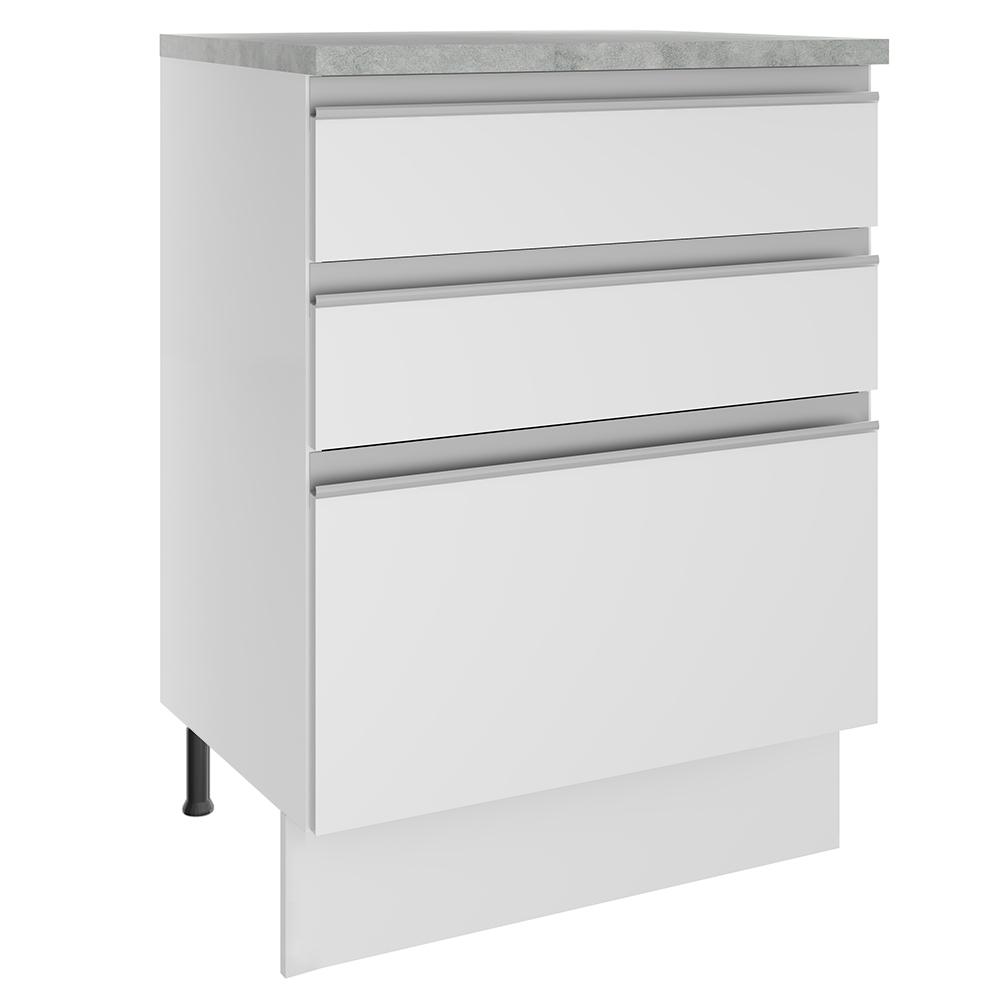 Balcão Armário de Cozinha 60 cm 3 Gavetas Branco Glamy Madesa