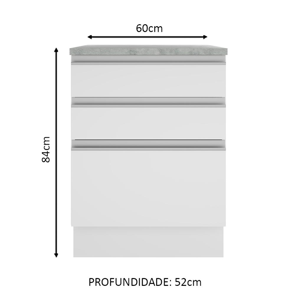 Balcão Armário de Cozinha 60 cm 3 Gavetas Branco Glamy Madesa