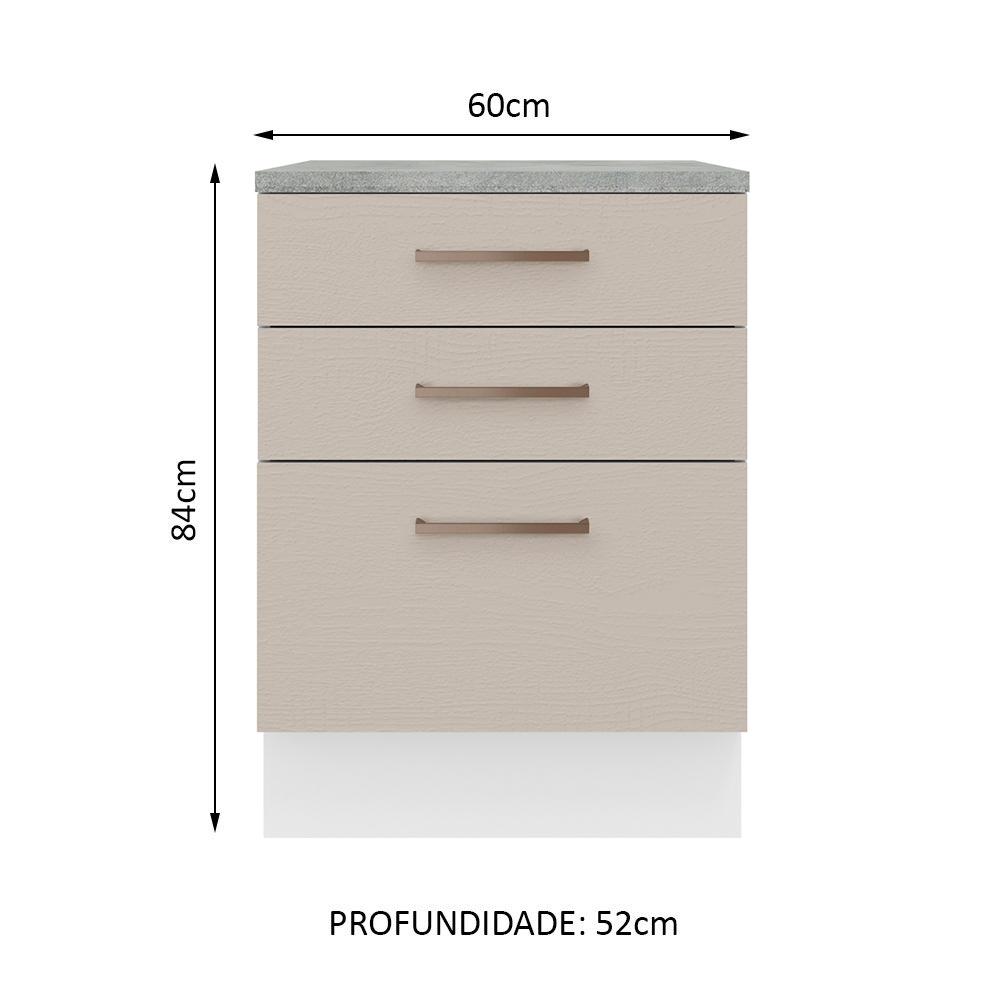 Balcão Armário de Cozinha 60 cm 3 Gavetas Branco/Crema Agata Madesa