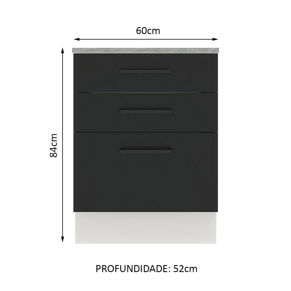 Balcão Armário de Cozinha 60 cm 3 Gavetas Branco/Preto Agata Madesa