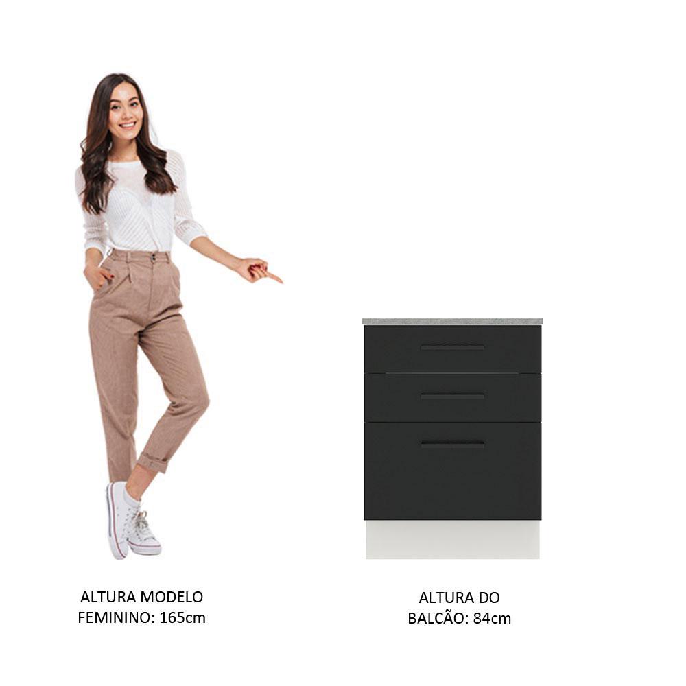 Balcão Armário de Cozinha 60 cm 3 Gavetas Branco/Preto Agata Madesa
