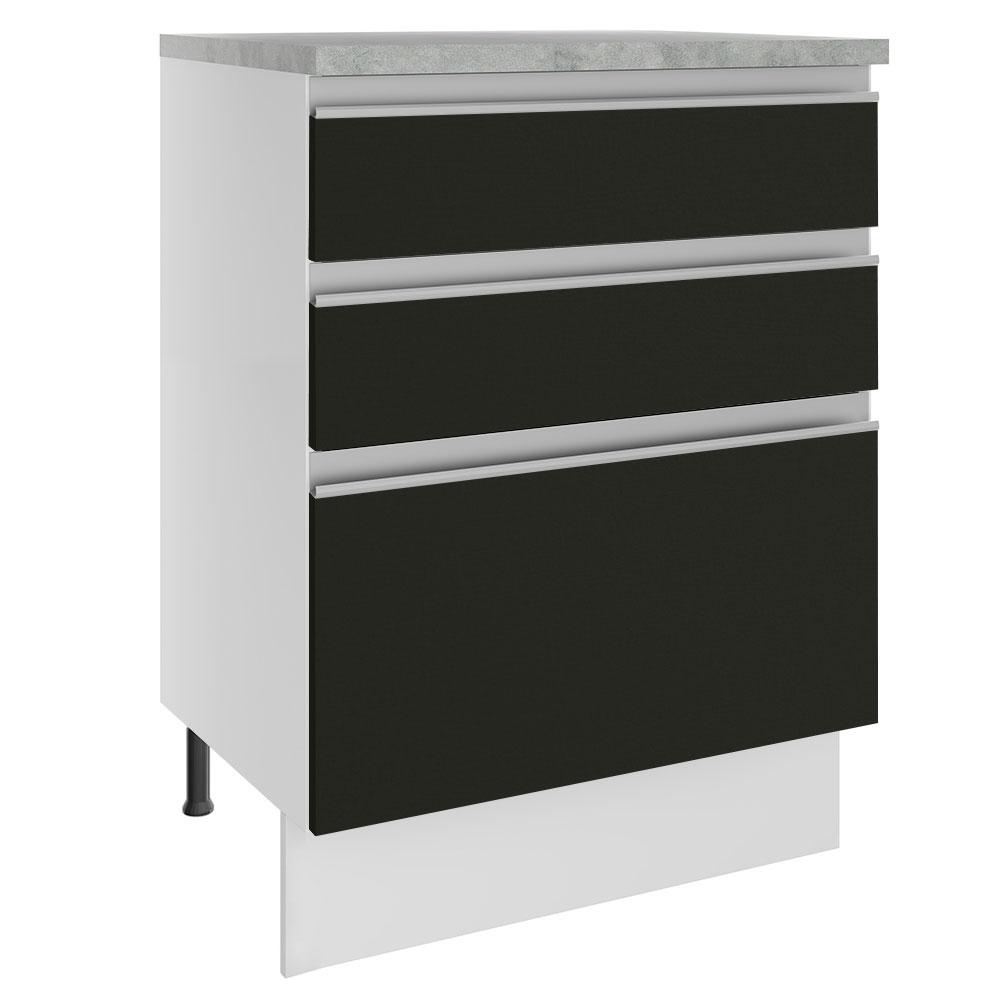 Balcão Armário de Cozinha 60 cm 3 Gavetas Branco/Preto Glamy Madesa