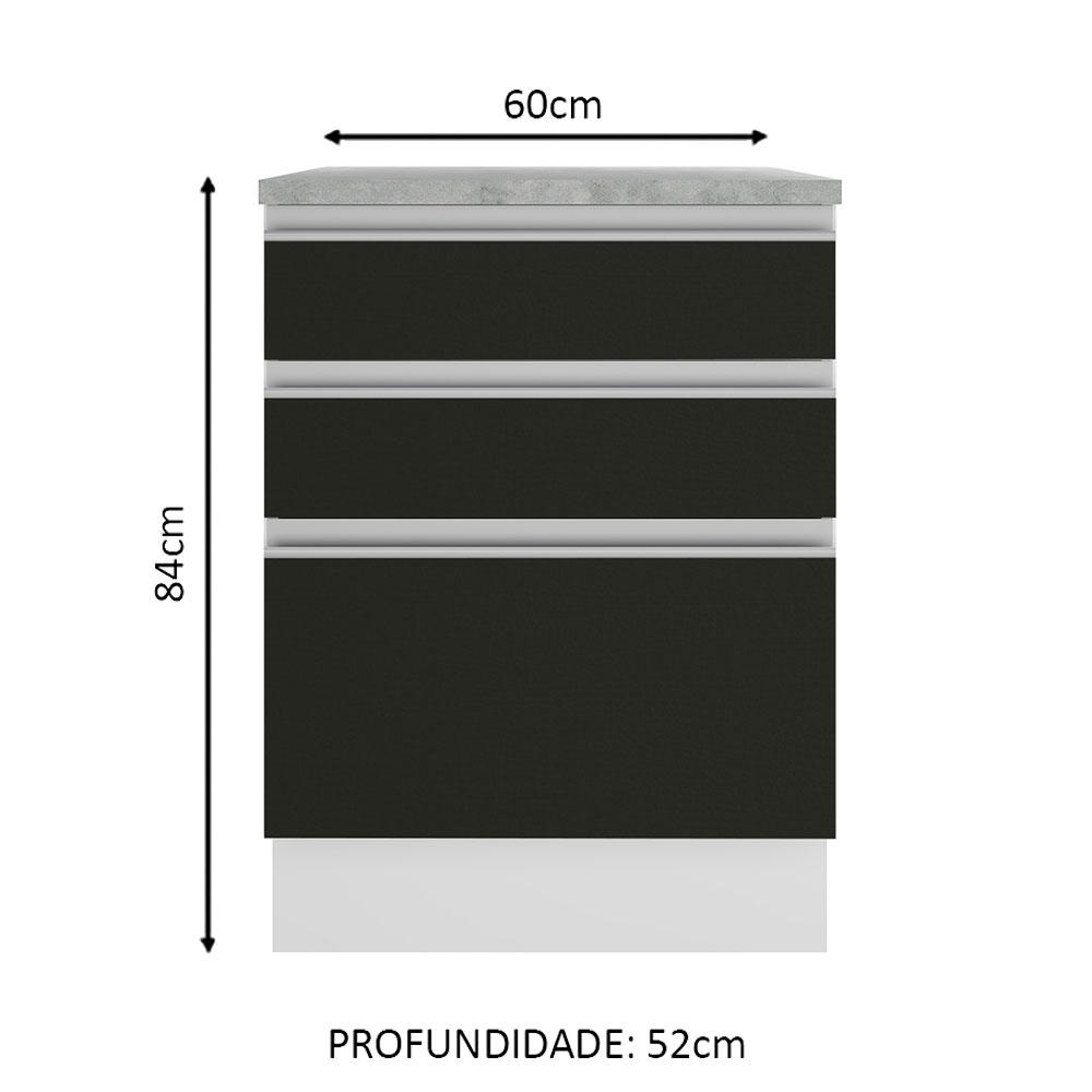 Balcão Armário de Cozinha 60 cm 3 Gavetas Branco/Preto Glamy Madesa