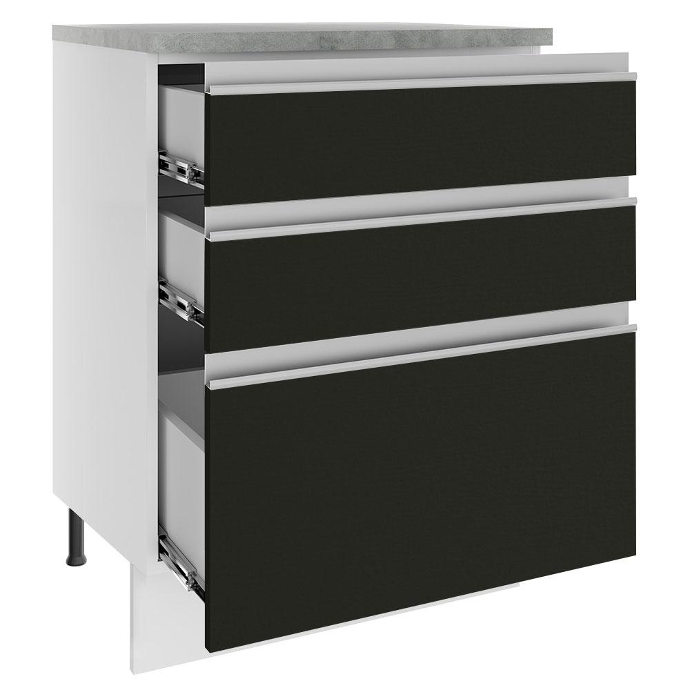 Balcão Armário de Cozinha 60 cm 3 Gavetas Branco/Preto Glamy Madesa