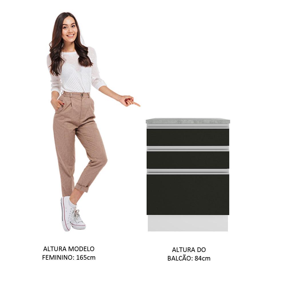 Balcão Armário de Cozinha 60 cm 3 Gavetas Branco/Preto Glamy Madesa