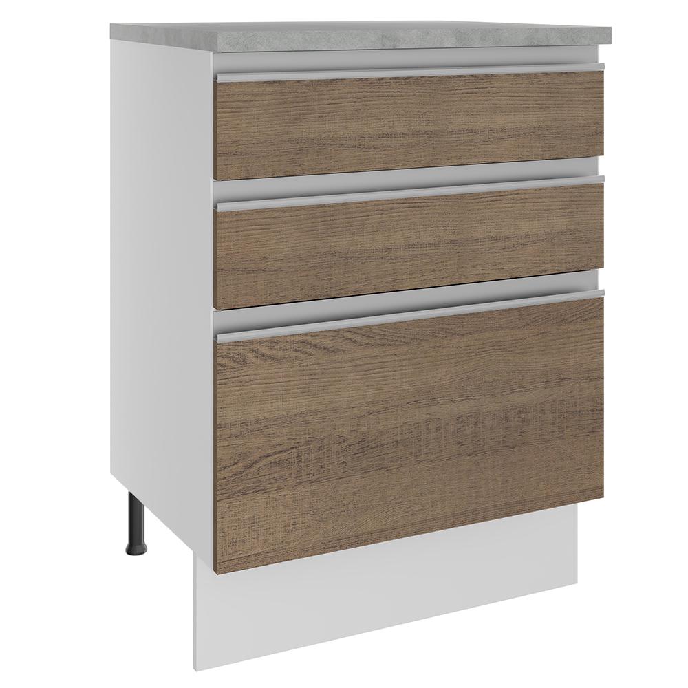 Balcão Armário de Cozinha 60 cm 3 Gavetas Branco/Rustic Glamy Madesa
