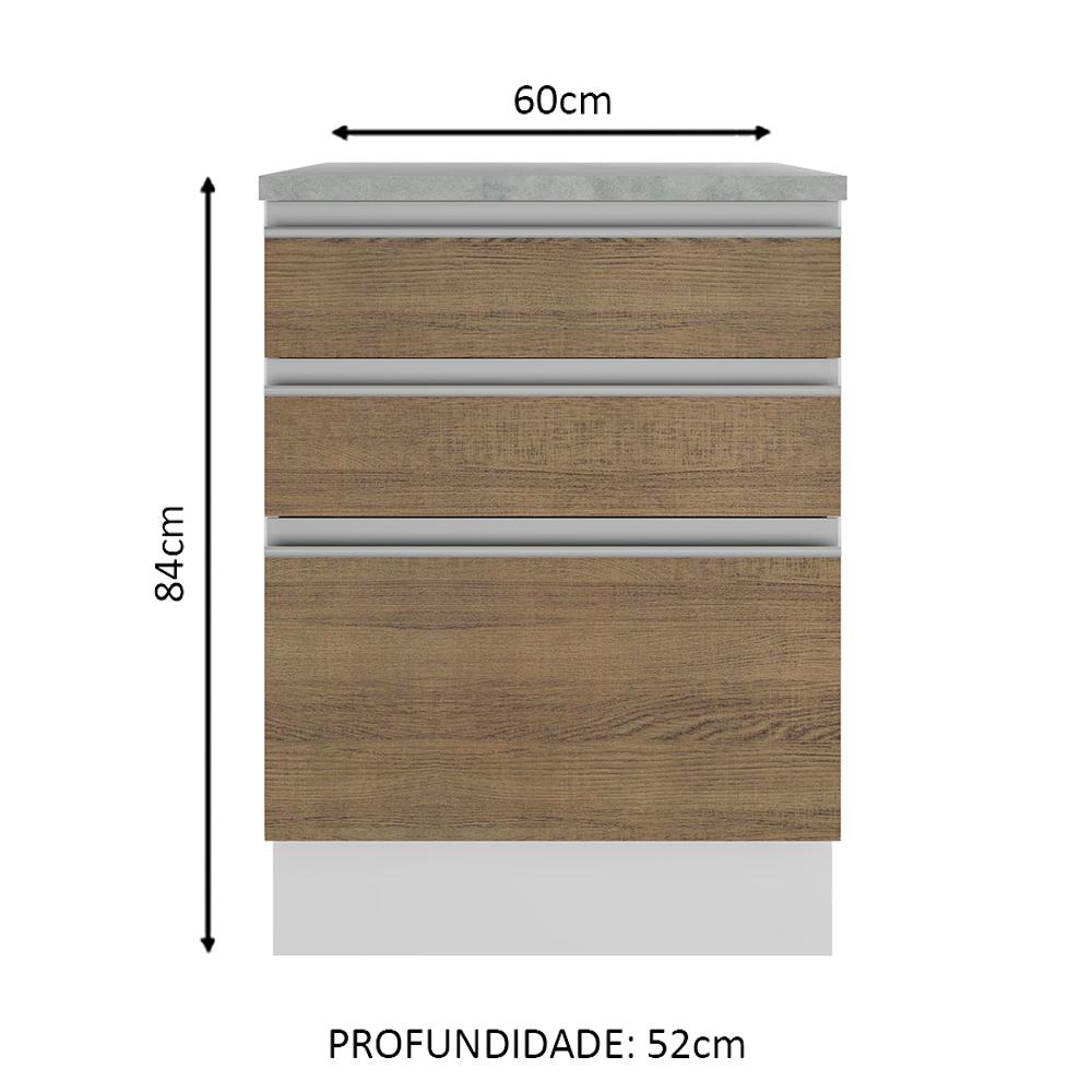 Balcão Armário de Cozinha 60 cm 3 Gavetas Branco/Rustic Glamy Madesa