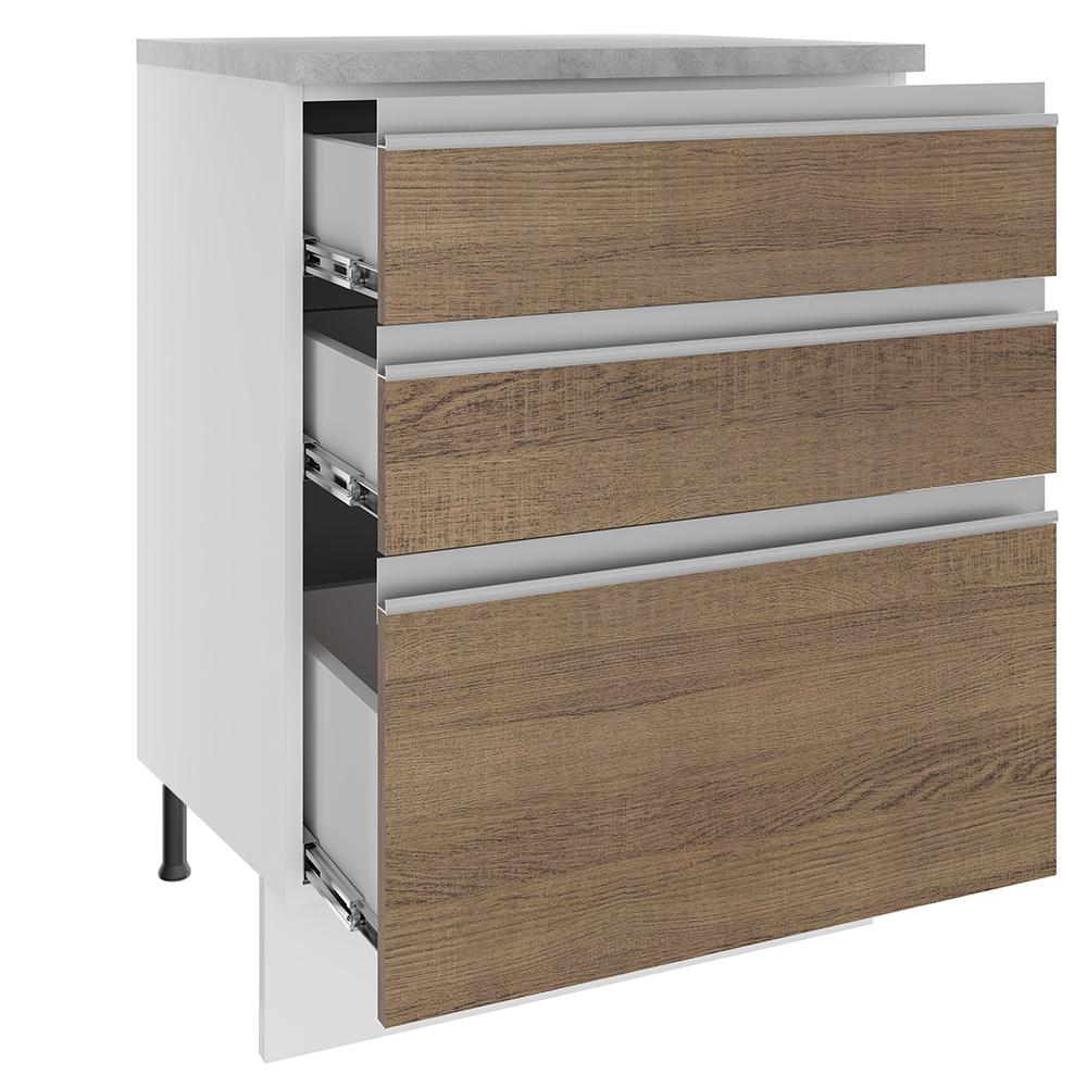 Balcão Armário de Cozinha 60 cm 3 Gavetas Branco/Rustic Glamy Madesa