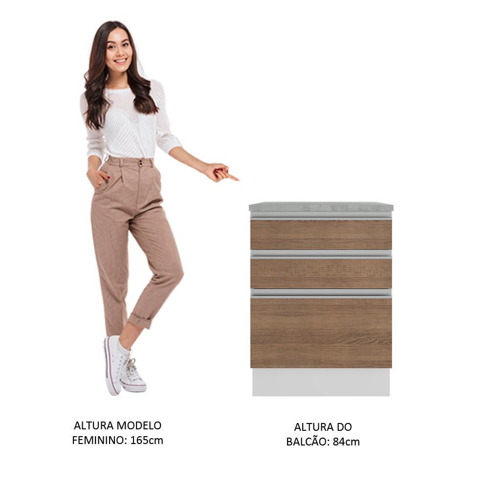 Balcão Armário de Cozinha 60 cm 3 Gavetas Branco/Rustic Glamy Madesa