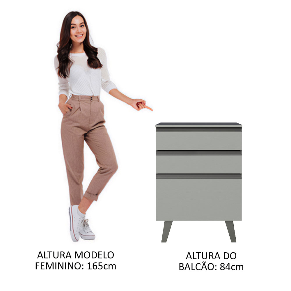 Balcão Armário de Cozinha 60 cm 3 Gavetas Com Pés Cinza Nice Madesa