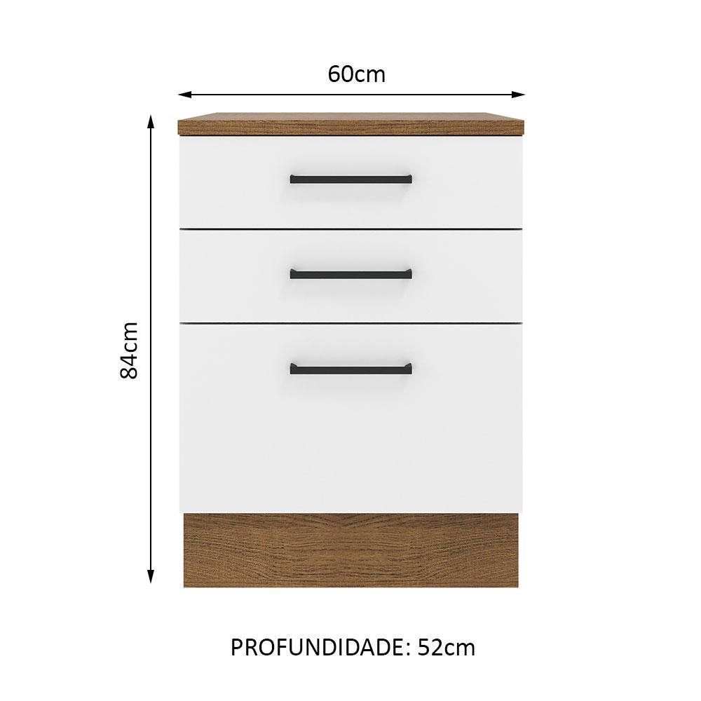 Balcão Armário de Cozinha 60 cm 3 Gavetas Rustic/Branco Agata Madesa