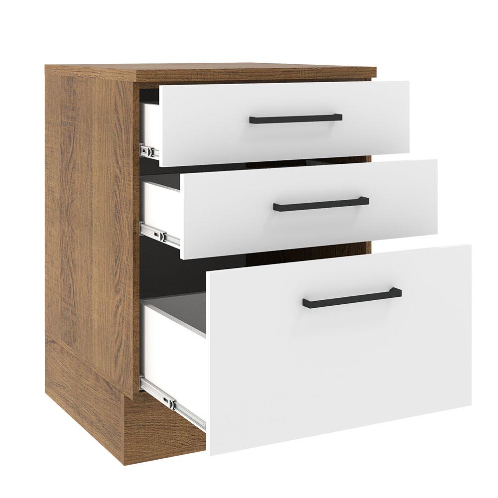 Balcão Armário de Cozinha 60 cm 3 Gavetas Rustic/Branco Agata Madesa