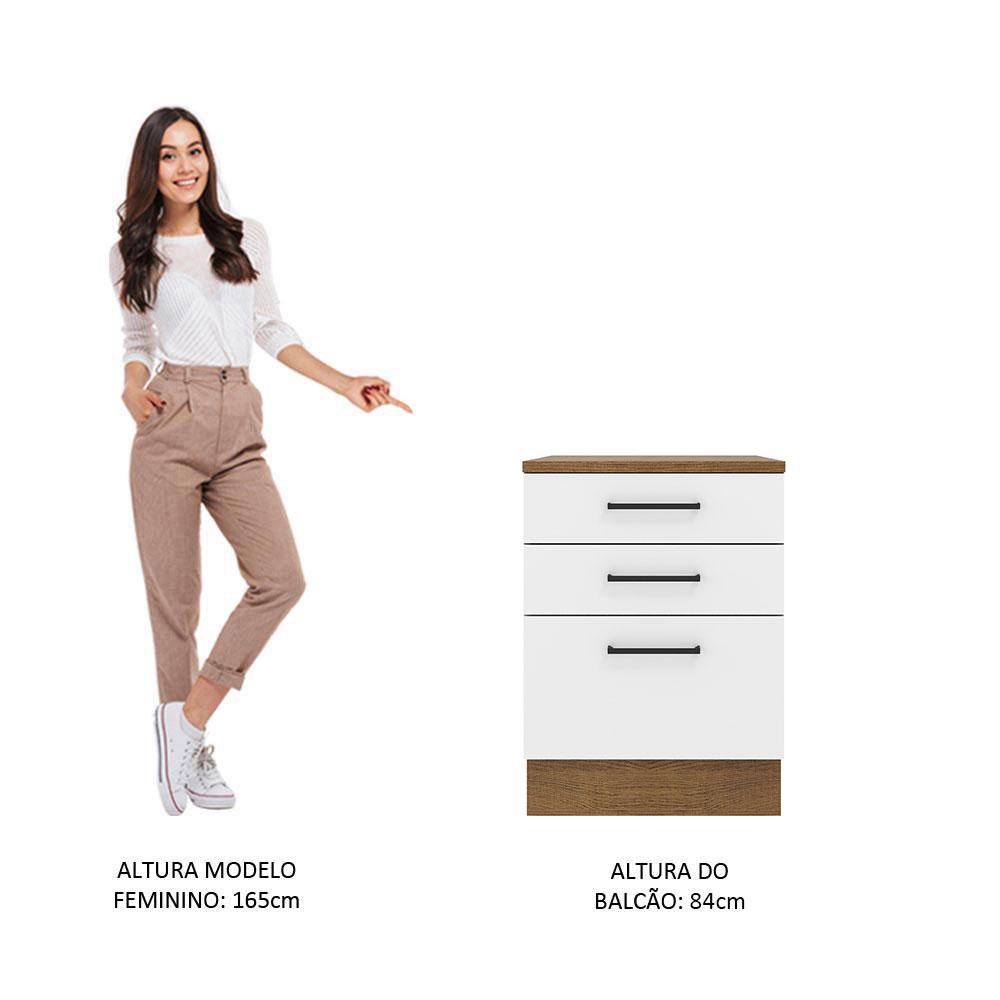 Balcão Armário de Cozinha 60 cm 3 Gavetas Rustic/Branco Agata Madesa