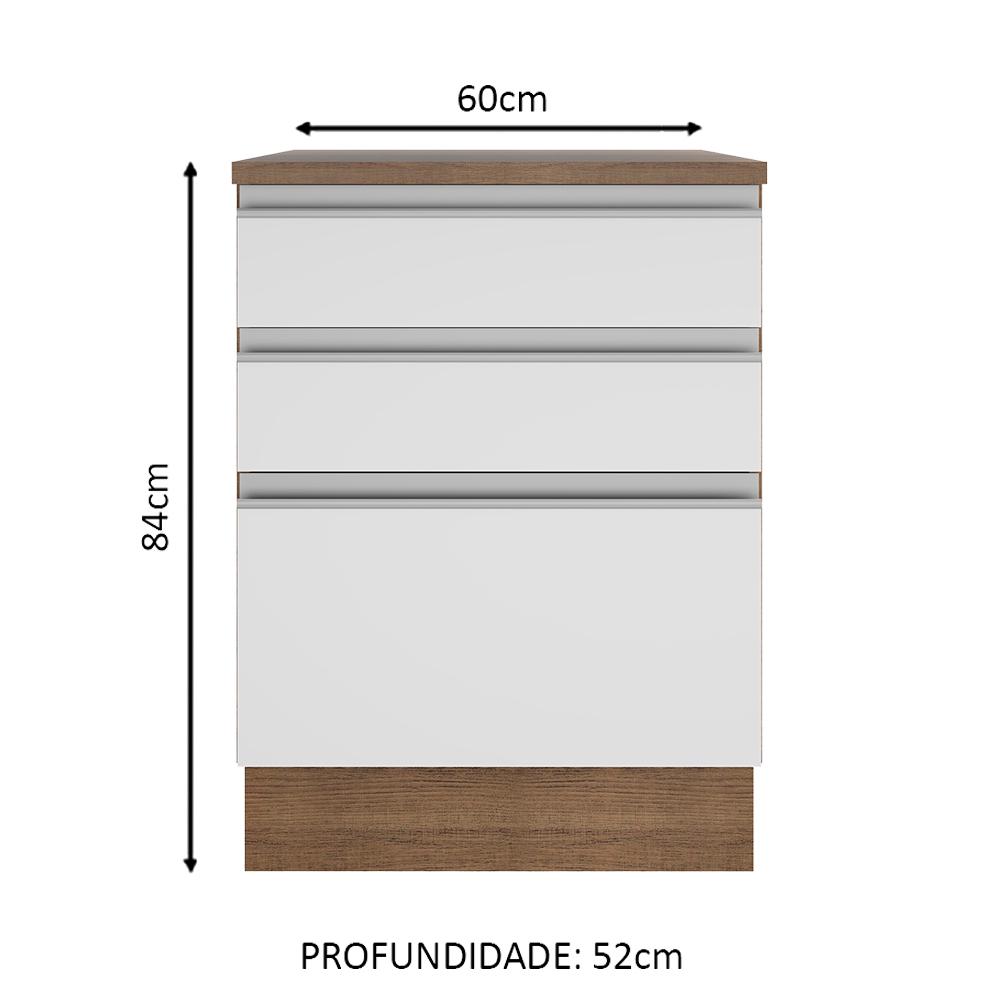 Balcão Armário de Cozinha 60 cm 3 Gavetas Rustic/Branco Glamy Madesa