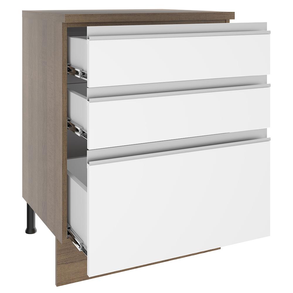 Balcão Armário de Cozinha 60 cm 3 Gavetas Rustic/Branco Glamy Madesa
