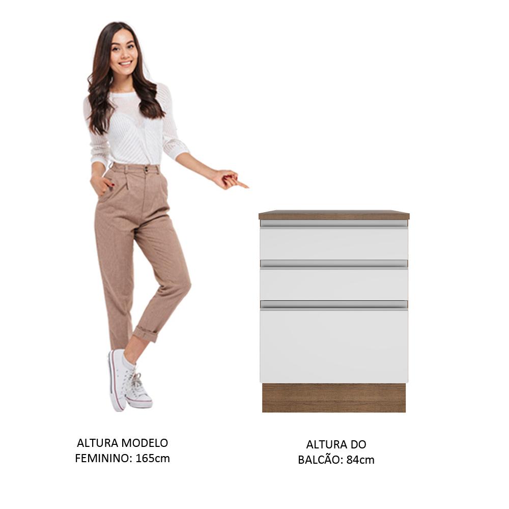 Balcão Armário de Cozinha 60 cm 3 Gavetas Rustic/Branco Glamy Madesa