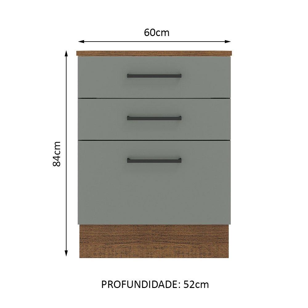 Balcão Armário de Cozinha 60 cm 3 Gavetas Rustic/Cinza Agata Madesa